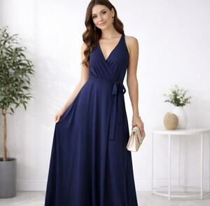 NWT 41 Hawthorn Sz Sm Maxi Blue Faux Wrap Empire Waist Tie Soft 54” Long Dress